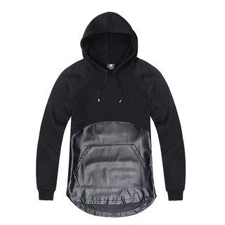 Faux Leather Panel Long-sleeve Hoodie