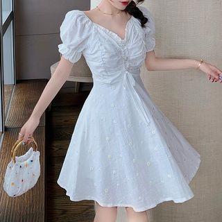 Floral Print V-neck Puff-sleeve Drawstring Dress