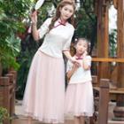 Family Matching Set: 3/4-sleeve Traditional Chinese Embroidered Top + Midi Mesh Skirt