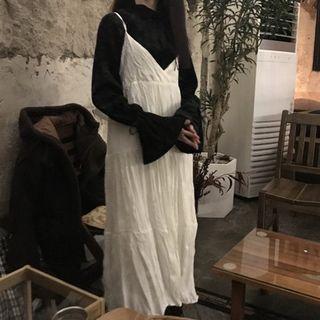 Spaghetti Strap V-neck Ruched Maxi Dress White - One Size