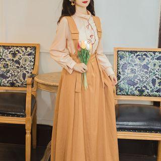Set: Cat Embroidered Blouse + Midi Suspender Dress