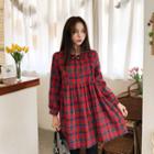 Tie-neck Plaid A-line Dress Red - One Size