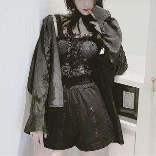 Rose Accent Choker / Lace Camisole Top / High-waist Shorts / Flower Detail Shirt
