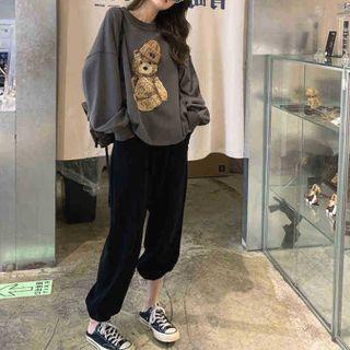 Bear Print Sweatshirt / Wide-leg Sweatpants / Set
