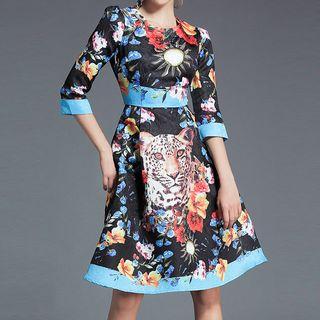 Patterned 3/4 Sleeve A-line Dress