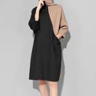 3/4-sleeve Turtleneck Two Tone Shift Dress