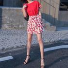 Set: Striped Short-sleeve Peplum Top + Flower Print High-waist Wide-leg Shorts