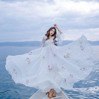 Embroidered Bell-sleeve A-line Maxi Dress