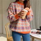 Loose-fit Plaid Sweater Orange - One Size