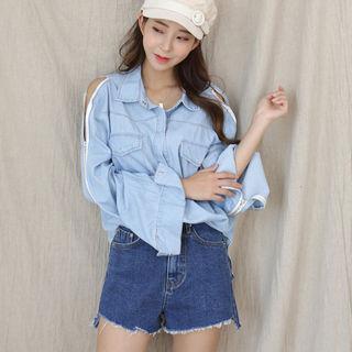 Zipped-sleeve Slit-cuff Stitched Denim Shirt Blue - One Size