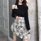 Long-sleeve Cutout Top / Mini Plaid Asymmetric Skirt