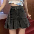 High-waist Belted Mini Denim Skirt
