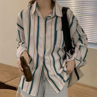 Long-sleeve Striped Shirt Stripes - Teal & Beige - One Size