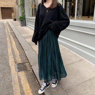 Pleated Midi Skirt Dark Green - One Size