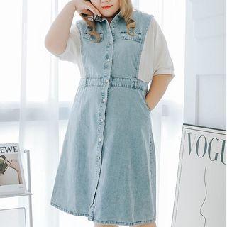Elbow-sleeve Washed Denim Shirt Dress