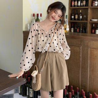 Balloon-sleeve Dotted Blouse / High Waist Wide Leg Shorts