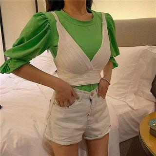 Crew-neck Elbow-sleeve T-shirt / Cropped Camisole Top