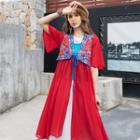 Elbow-sleeve Embroidered Panel Tie-front Chiffon Jacket