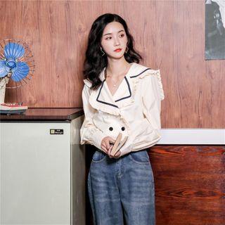 Ruffle Trim Double-breasted Blouse