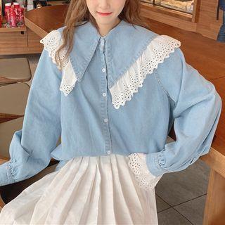 Lace Panel Denim Shirt As Shown In Figure - One Size