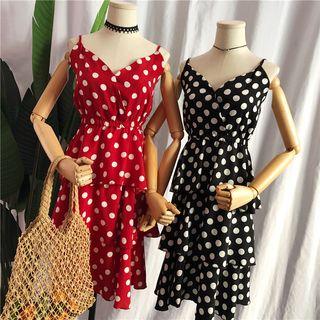 V-neck Dotted Spaghetti Strap Tiered Dress
