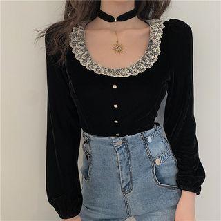 Long-sleeve Lace-trim Velvet Blouse Black - One Size