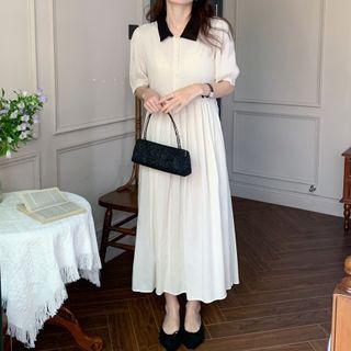 Short Sleeve Contrast Collar Pleated A-line Shirtdress