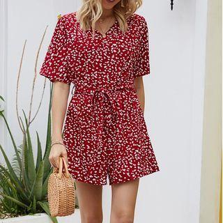 Short-sleeve V-neck Dotted Romper