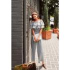 Off-shoulder Ruffled Pattern Wide-leg Jumpsuit