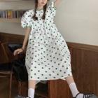 Puff-sleeve Dotted Midi A-line Dress Green Dotted- White - One Size