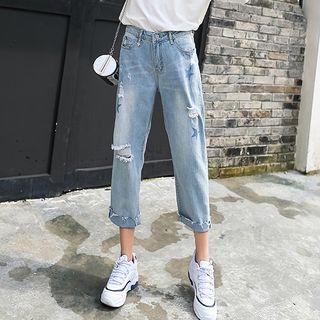 Star Print Cropped Straight Cut Jeans