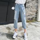 Star Print Cropped Straight Cut Jeans