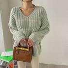 Drop-shoulder Stripe Rib-knit Sweater
