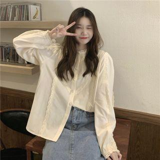 Long-sleeve Lace-trim Shirt Almond - One Size