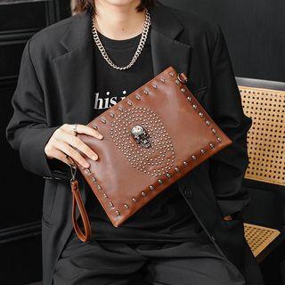 Studded Skull Faux Leather Clutch Coffee - One Size