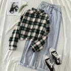Long-sleeve Plaid Shirt / Straight-fit Jeans