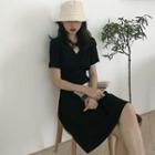 Plain V-neck Short-sleeve Dress Black - One Size