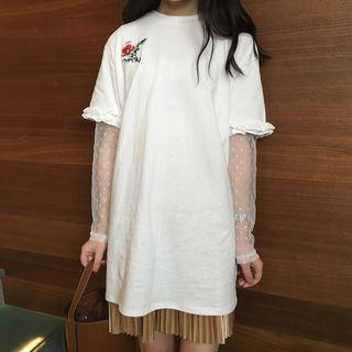 Rose Embroidered Mock Two-piece Long-sleeve T-shirt