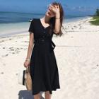 Short-sleeve Ribbon Back A-line Midi Dress
