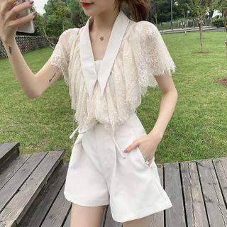 Set: Lace Short-sleeve Blouse + Wide-leg Shorts
