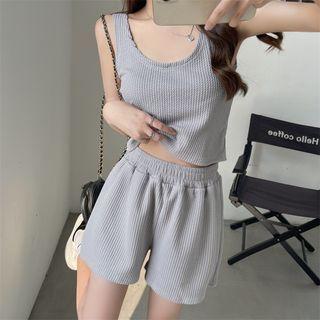 Set: Plain Crop Tank Top + Wide Leg Shorts
