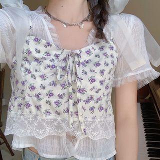 Short-sleeve Plain Cardigan / Floral Camisole Top