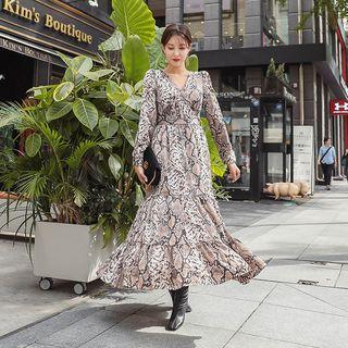 Surplice-neck Snakeskin Maxi Dress
