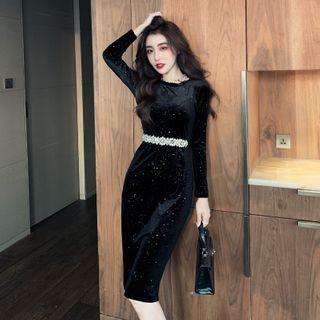 Long-sleeve Rhinestone Embellished Velvet Sheath Dress