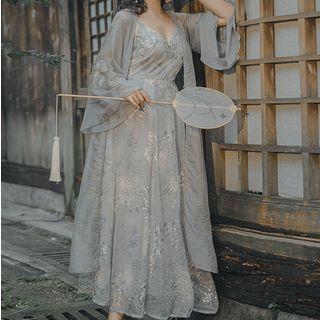 Embroidered Spaghetti Strap Midi A-line Dress / Open Front Long Light Jacket