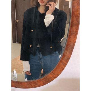 Collarless Double-breasted Tweed Jacket