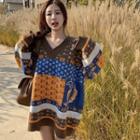Patterned Sweater Blue & Orange & Coffee - One Size