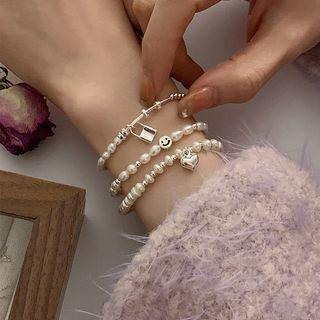 Heart / Smiley / Lock Pendant Faux Pearl Sterling Silver Bracelet
