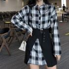 Set: Long-sleeve Mini Plaid Shirtdress + A-line Skirt As Shown In Figure - One Size