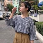 Plaid 3/4-sleeve V-neck Blouse